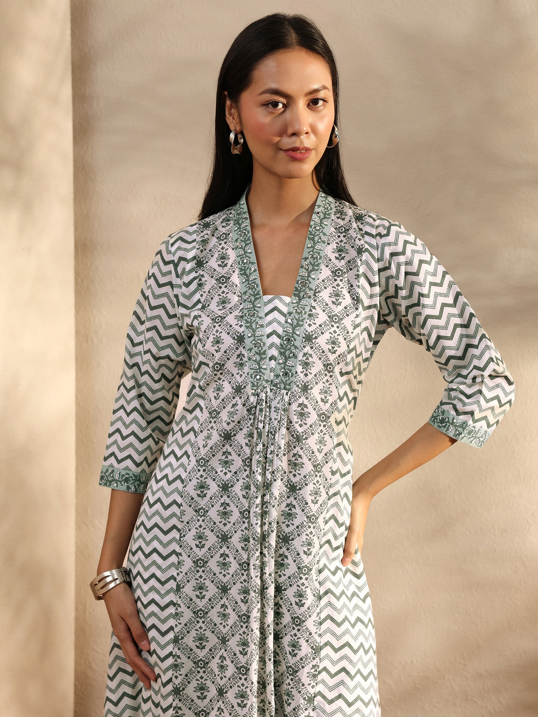 White Chevron Printed Cotton A-Line Suit Set With Dupatta