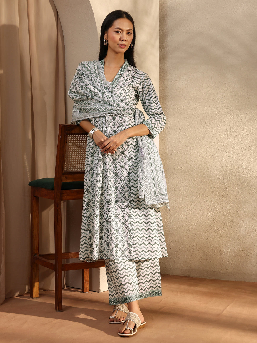 White Chevron Printed Cotton A-Line Suit Set With Dupatta
