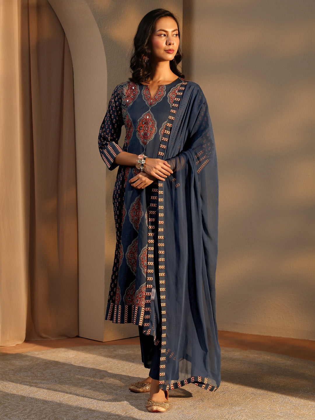 Blue Ethnic Motif Printed Cotton A-Line Suit Set With Dupatta