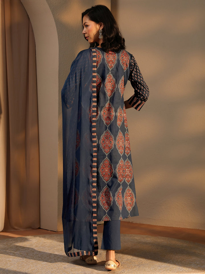 Blue Ethnic Motif Printed Cotton A-Line Suit Set With Dupatta