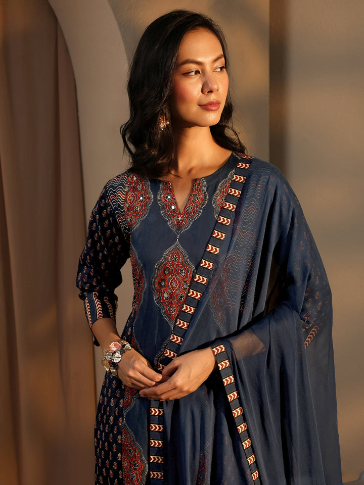 Blue Ethnic Motif Printed Cotton A-Line Suit Set With Dupatta