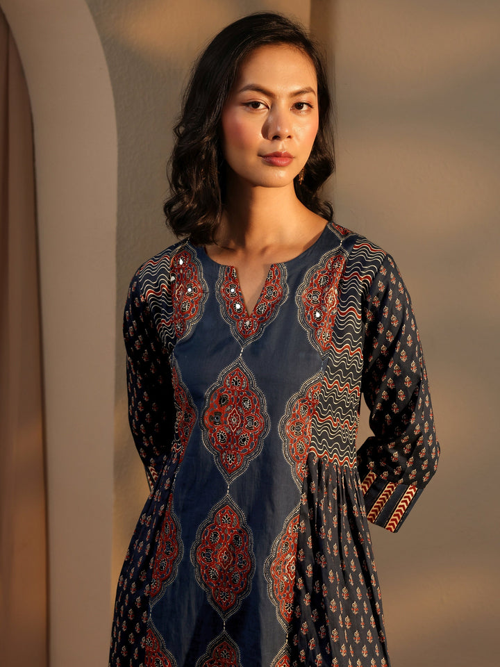 Blue Ethnic Motif Printed Cotton A-Line Suit Set With Dupatta