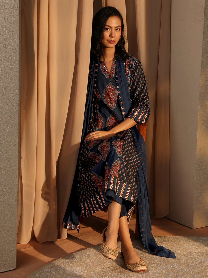 Blue Ethnic Motif Printed Cotton A-Line Suit Set With Dupatta