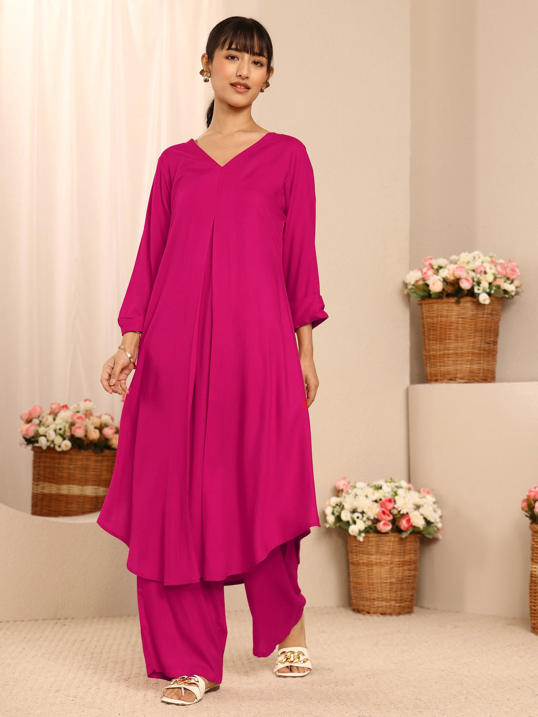 Pink Solid Viscose Rayon A-Line Kurta Set