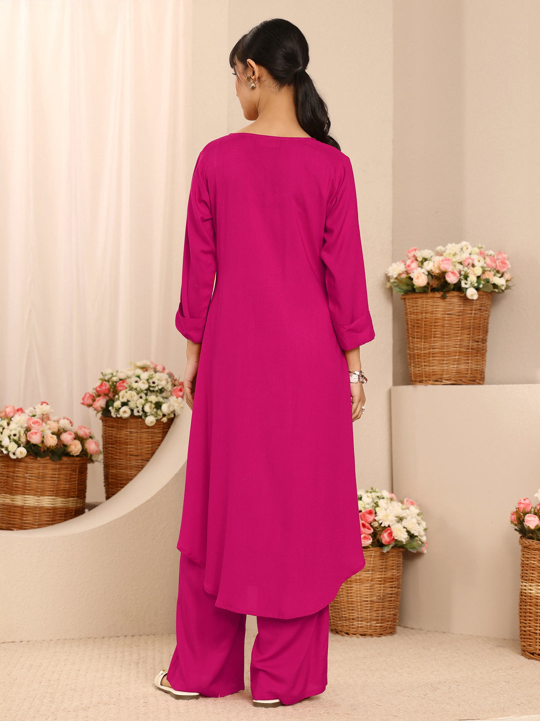Pink Solid Viscose Rayon A-Line Kurta Set