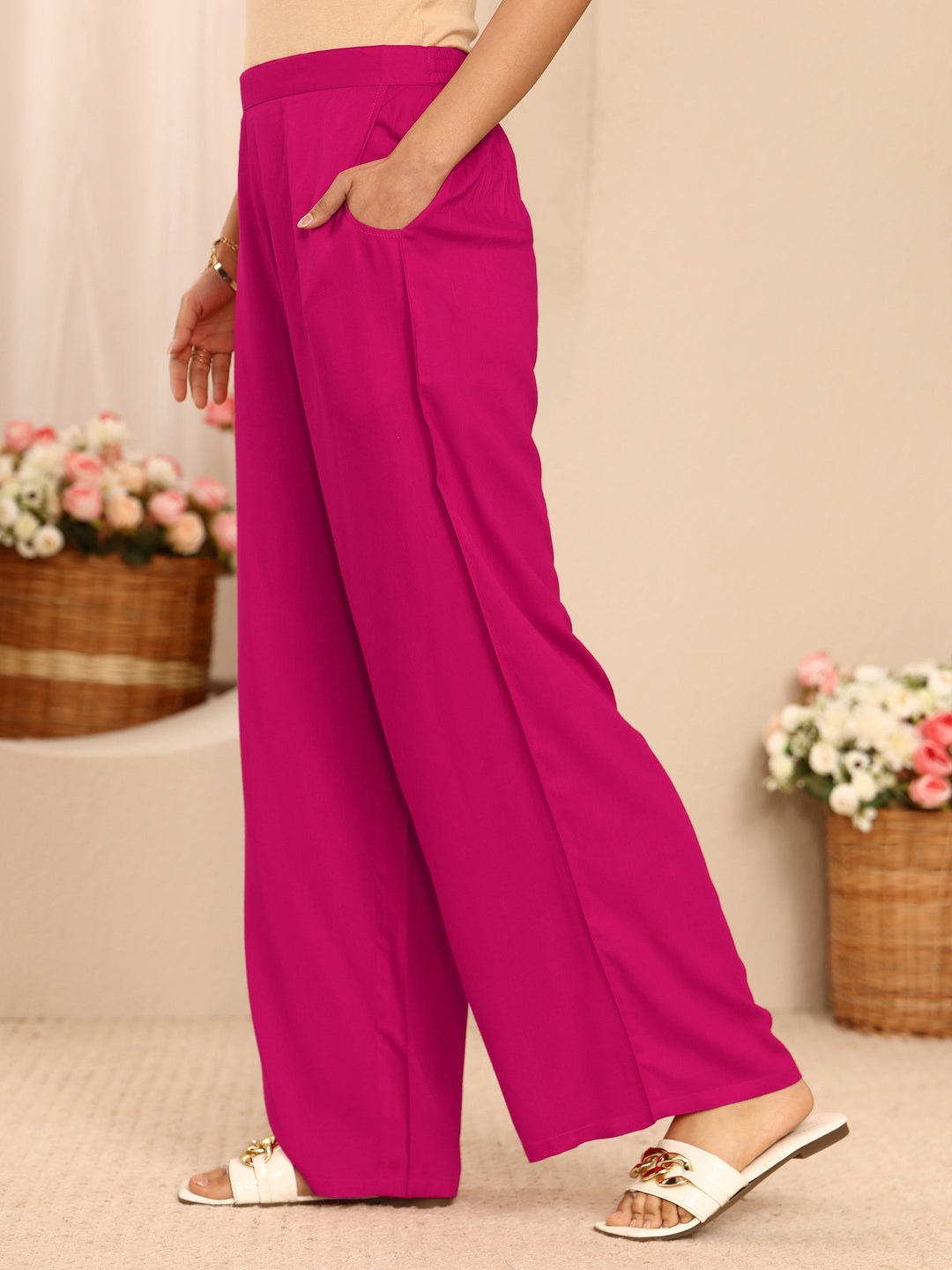 Pink Solid Viscose Rayon A-Line Kurta Set