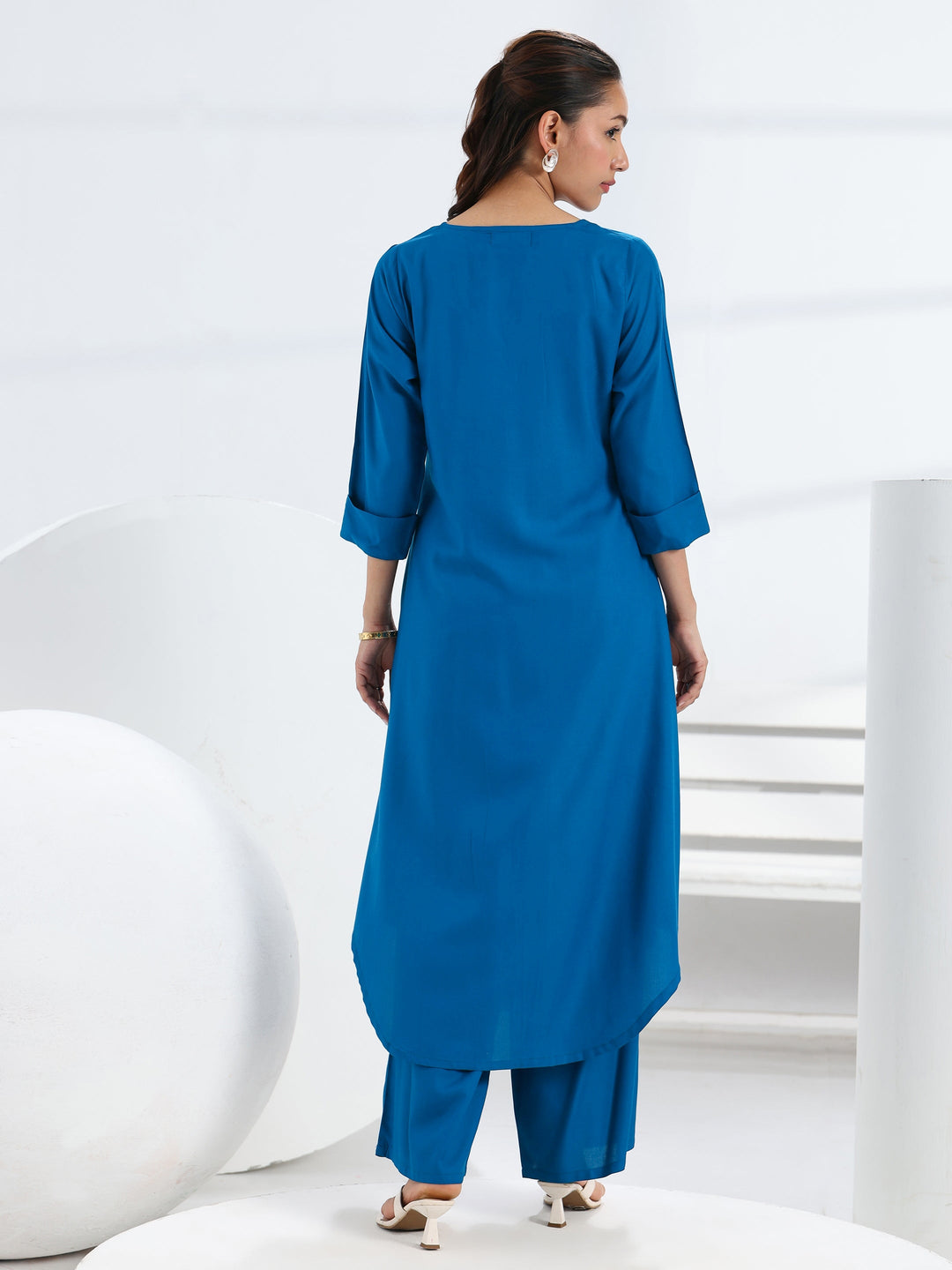 Blue Solid Viscose Rayon A-Line Kurta Set