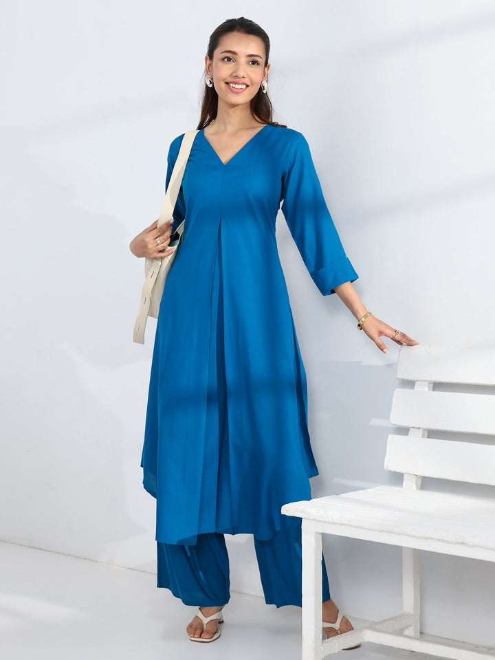 Blue Solid Viscose Rayon A-Line Kurta Set