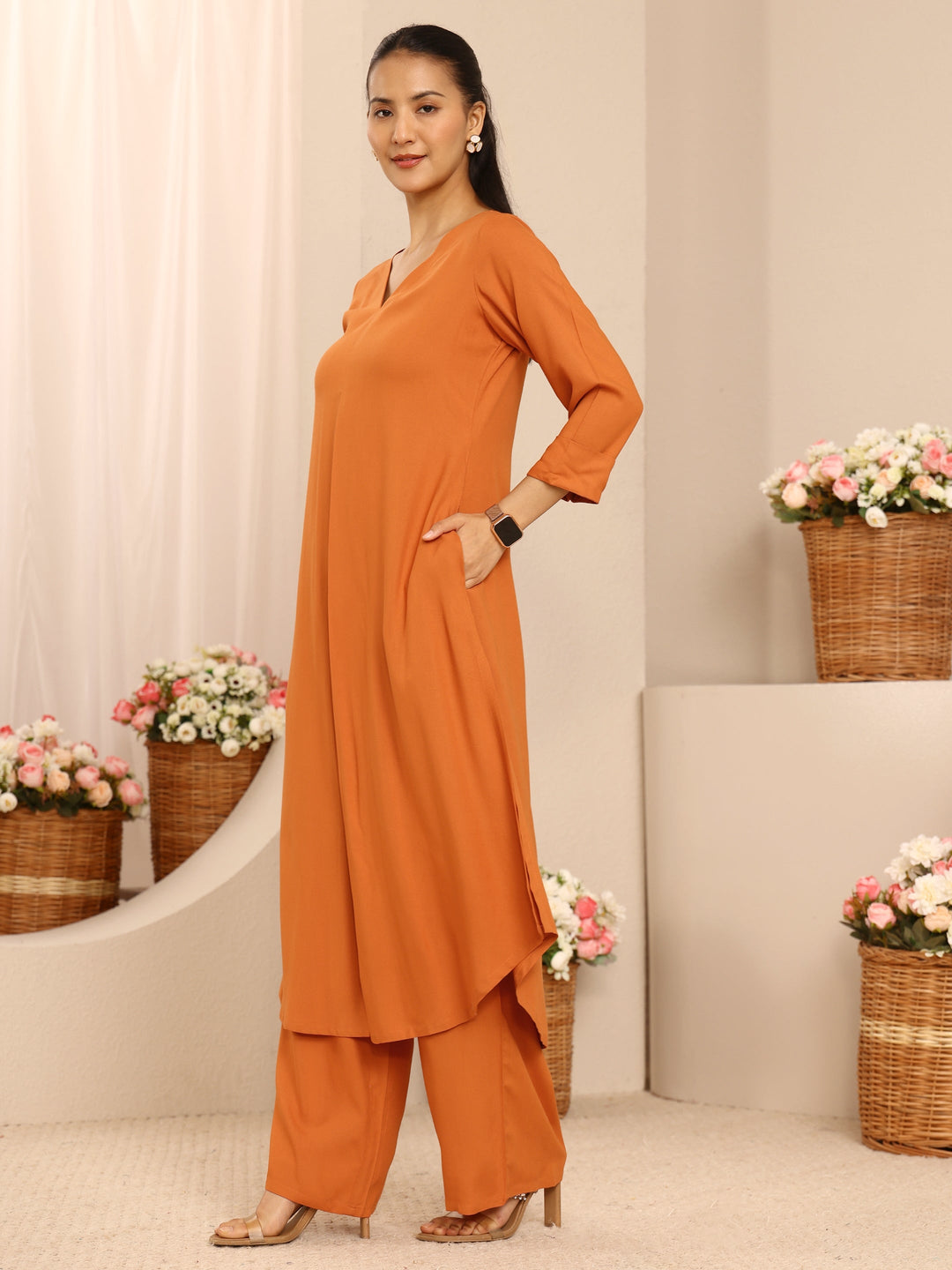 Orange Solid Viscose Rayon A-Line Kurta Set