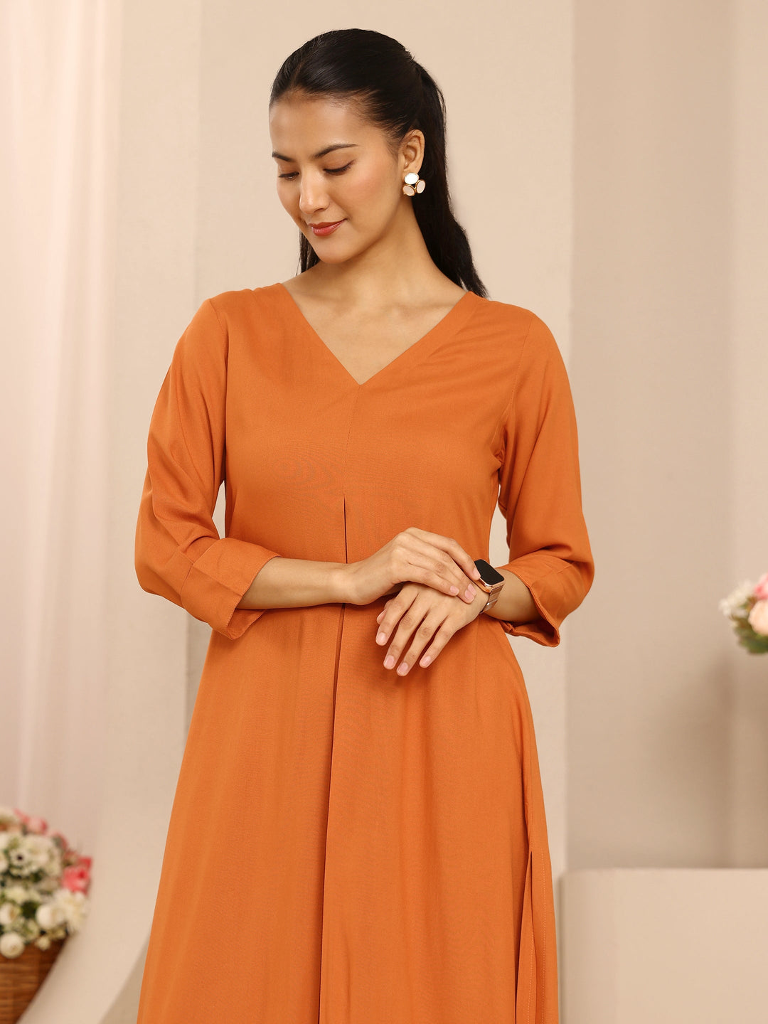 Orange Solid Viscose Rayon A-Line Kurta Set