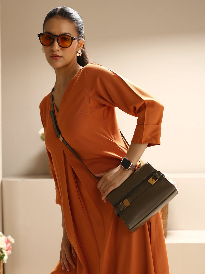 Orange Solid Viscose Rayon A-Line Kurta Set