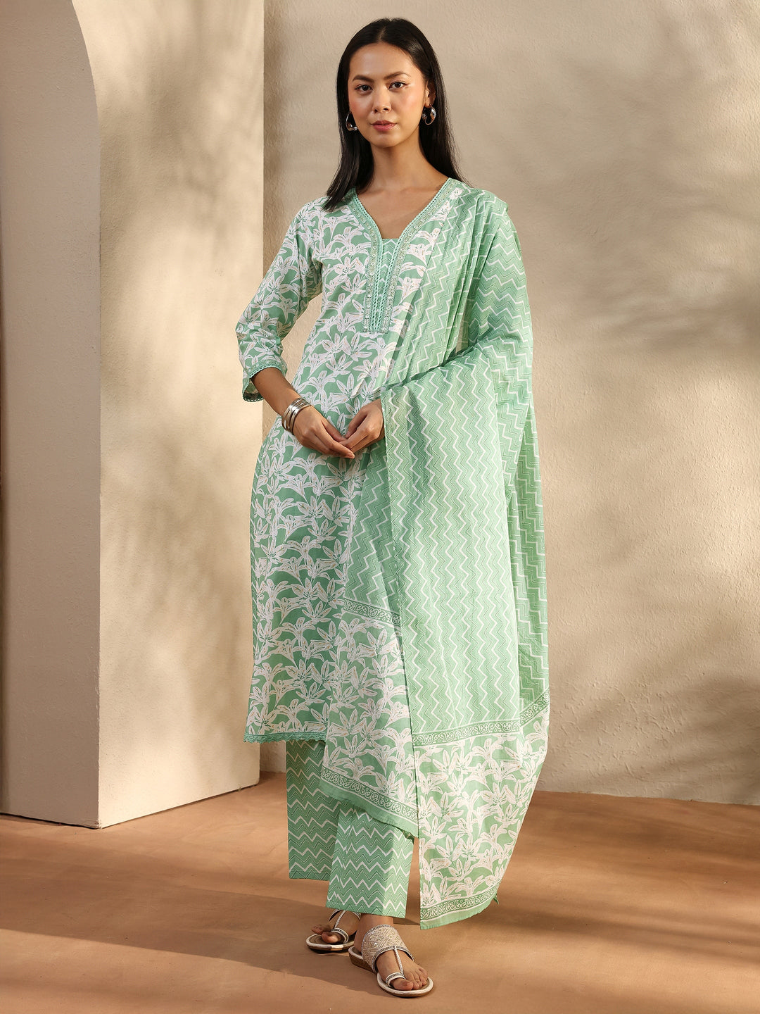 Green Floral Printed Cotton Straight Suit Set With Dupatta
