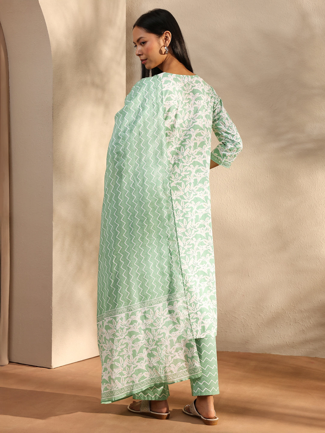 Green Floral Printed Cotton Straight Suit Set With Dupatta