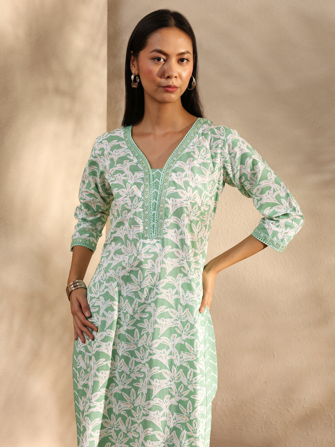Green Floral Printed Cotton Straight Suit Set With Dupatta