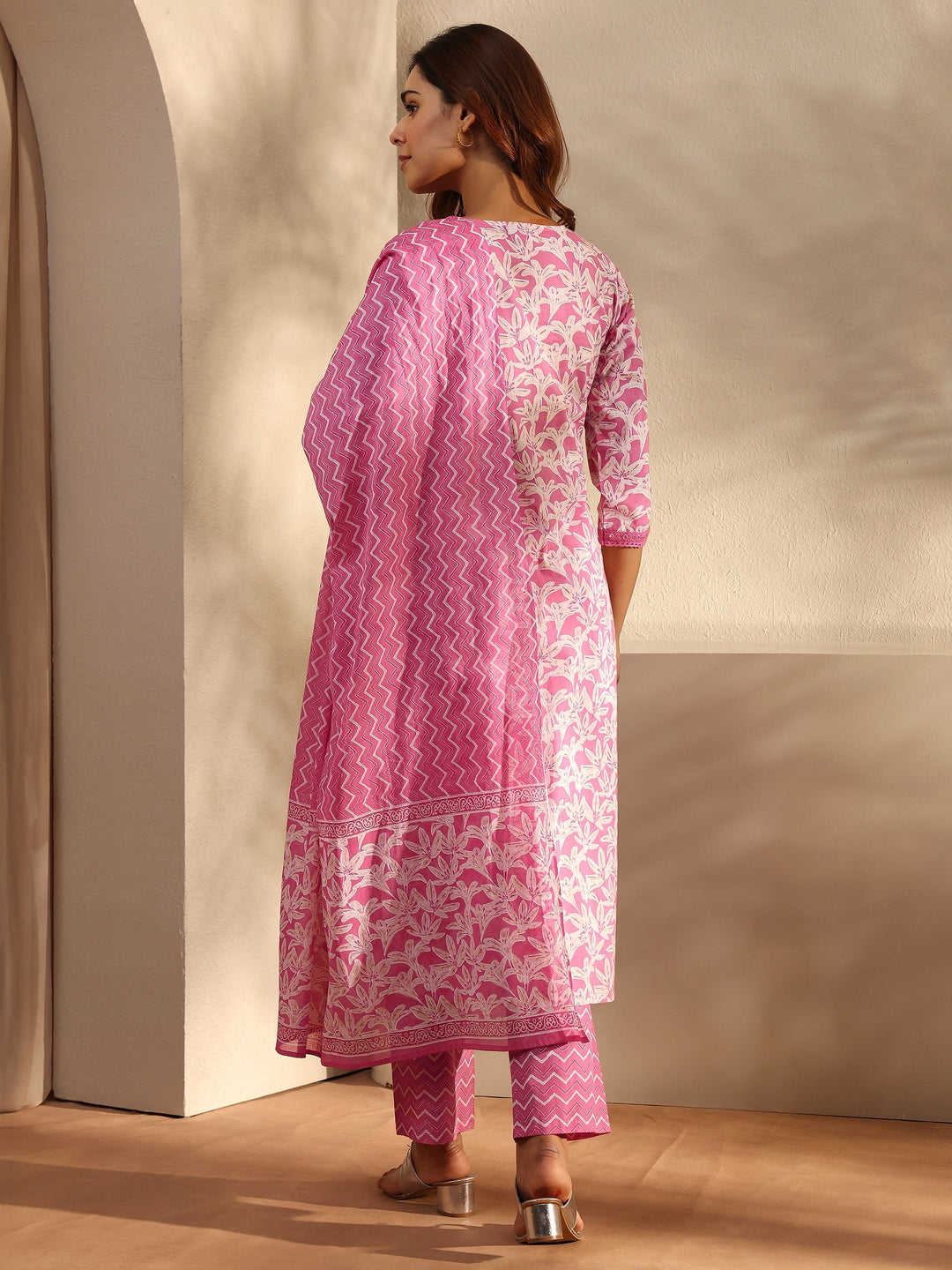 Pink Floral Printed Cotton Straight Suit Set With Dupatta