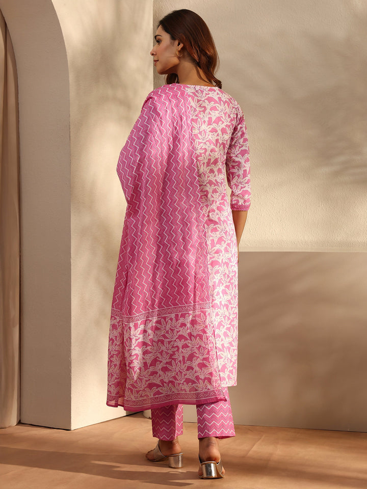 Pink Floral Printed Cotton Straight Suit Set With Dupatta