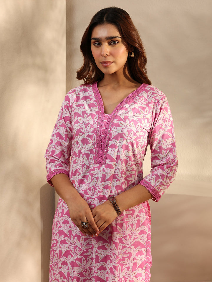 Pink Floral Printed Cotton Straight Suit Set With Dupatta