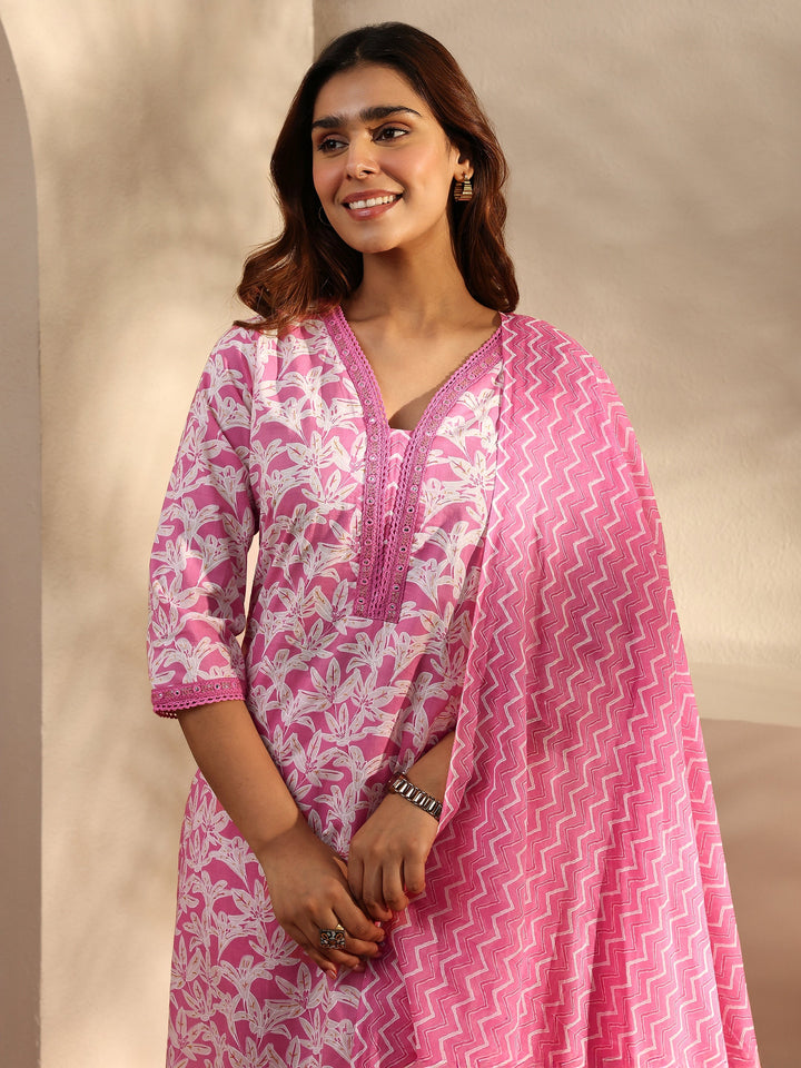 Pink Floral Printed Cotton Straight Suit Set With Dupatta