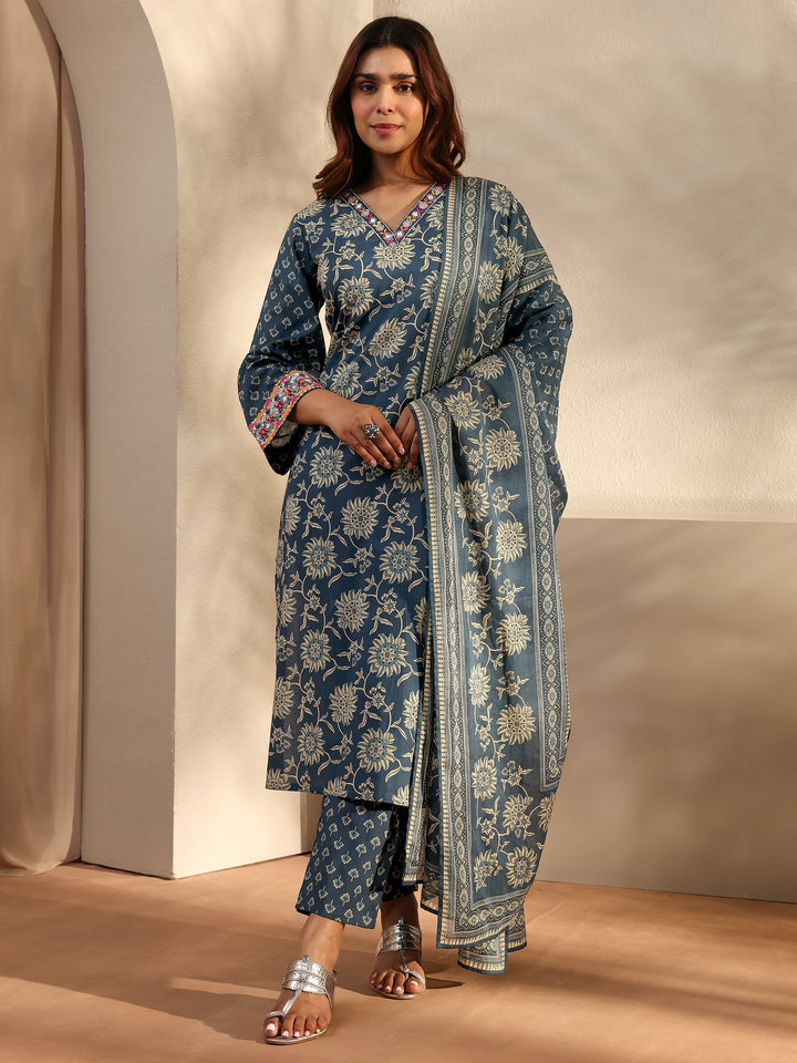 Blue Floral Printed Cotton Straight Suit Set With Dupatta