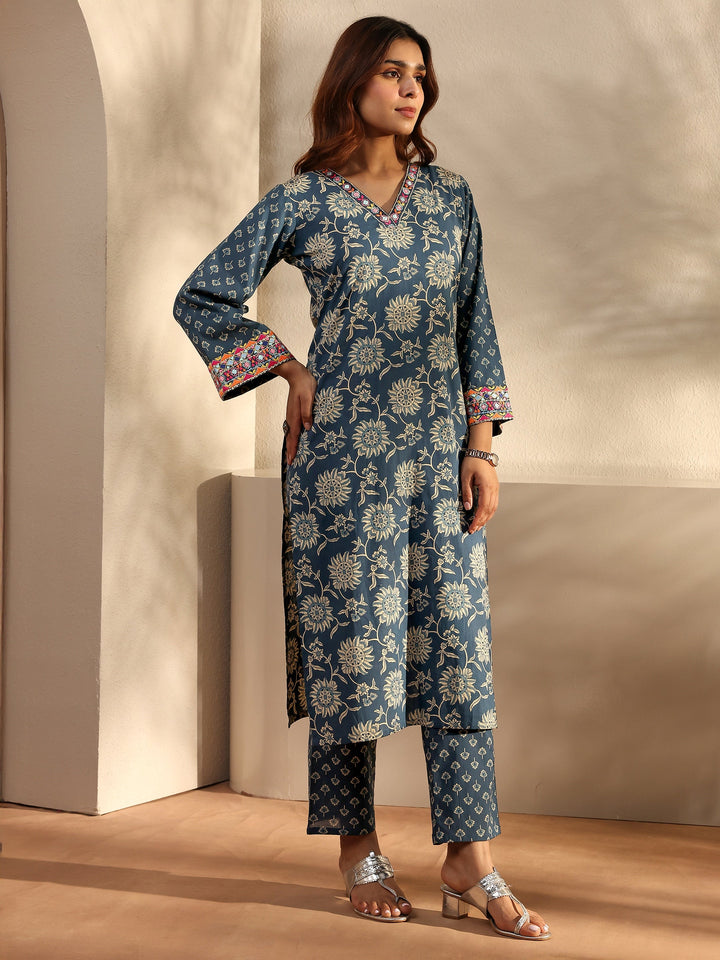 Blue Floral Printed Cotton Straight Suit Set With Dupatta