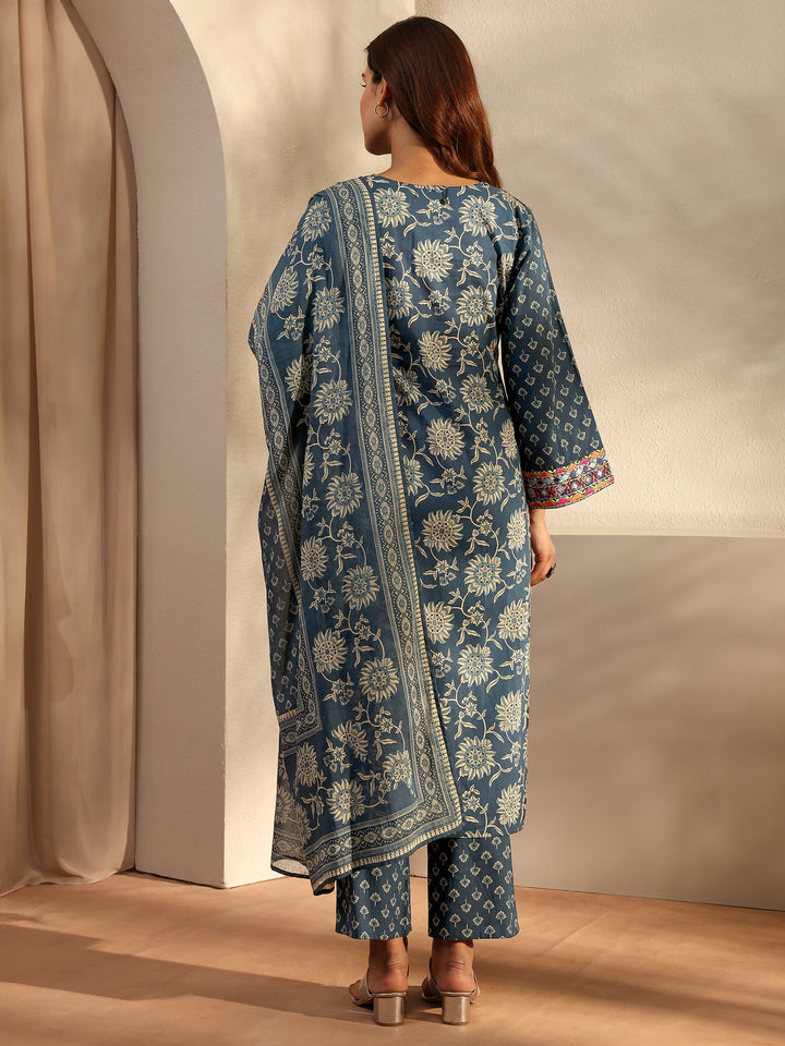 Blue Floral Printed Cotton Straight Suit Set With Dupatta