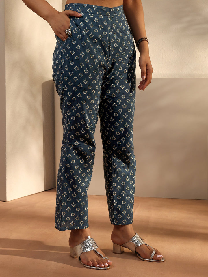 Blue Floral Printed Cotton Straight Suit Set With Dupatta