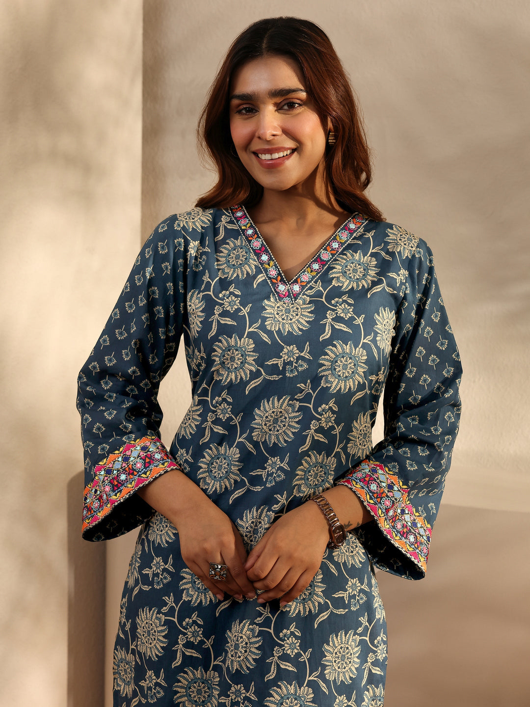 Blue Floral Printed Cotton Straight Suit Set With Dupatta