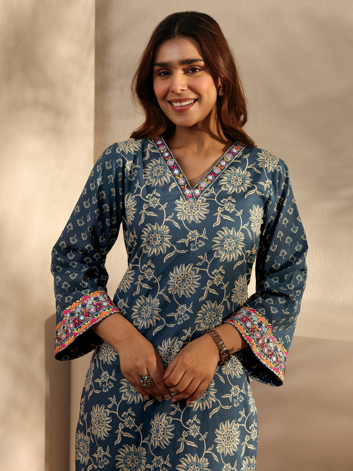 Blue Floral Printed Cotton Straight Suit Set With Dupatta