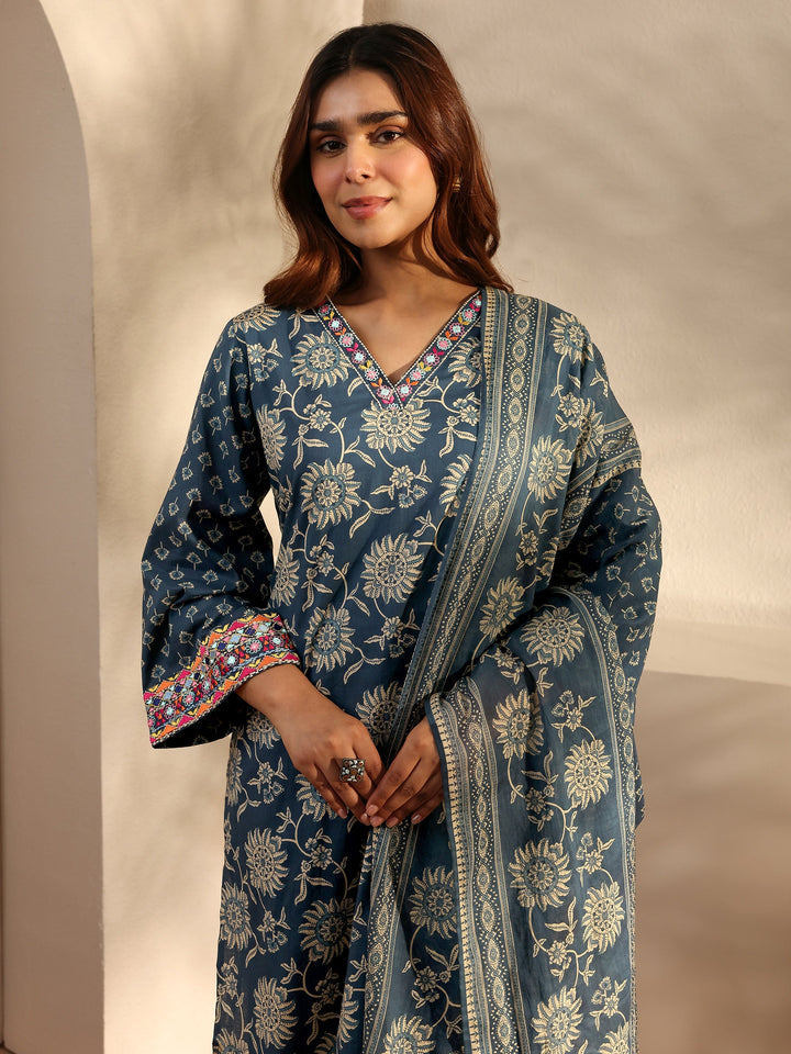 Blue Floral Printed Cotton Straight Suit Set With Dupatta