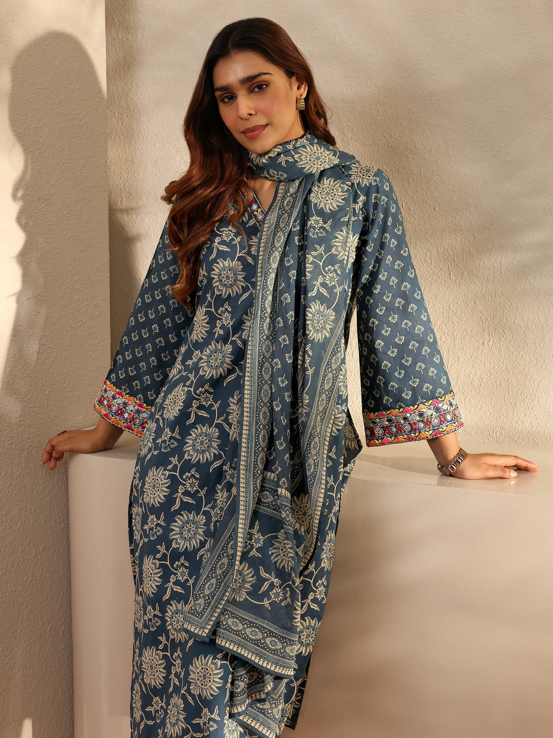 Blue Floral Printed Cotton Straight Suit Set With Dupatta