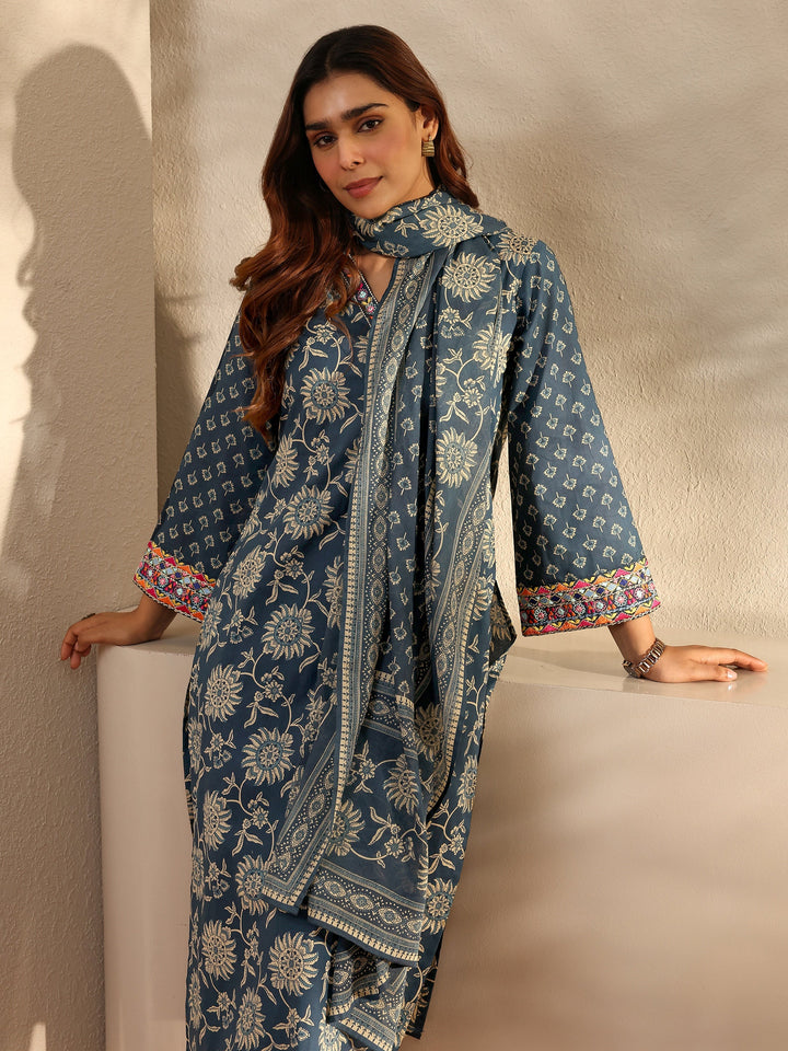 Blue Floral Printed Cotton Straight Suit Set With Dupatta