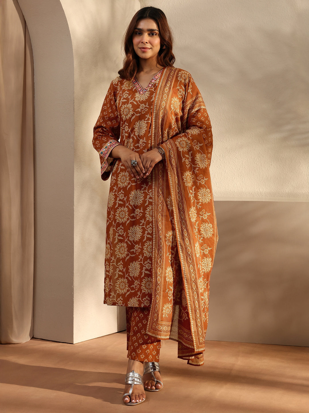 Rust Floral Printed Cotton Straight Suit Set With Dupatta