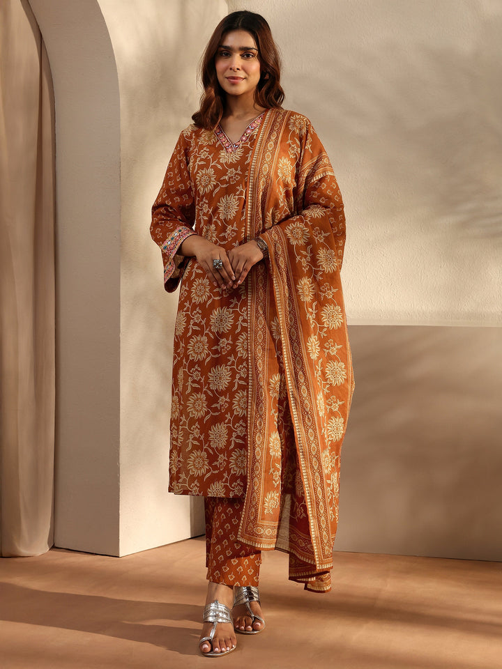 Rust Floral Printed Cotton Straight Suit Set With Dupatta