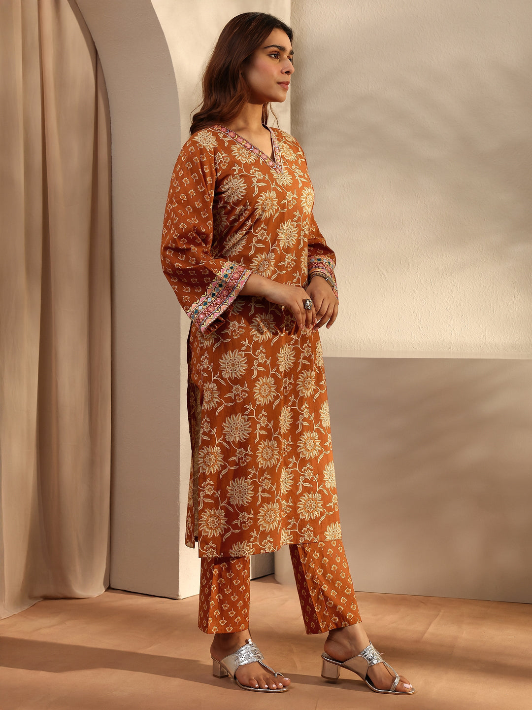 Rust Floral Printed Cotton Straight Suit Set With Dupatta