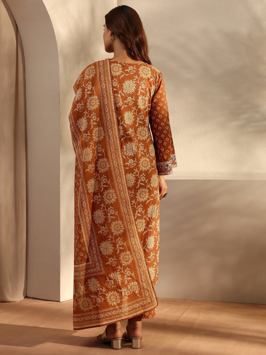 Rust Floral Printed Cotton Straight Suit Set With Dupatta