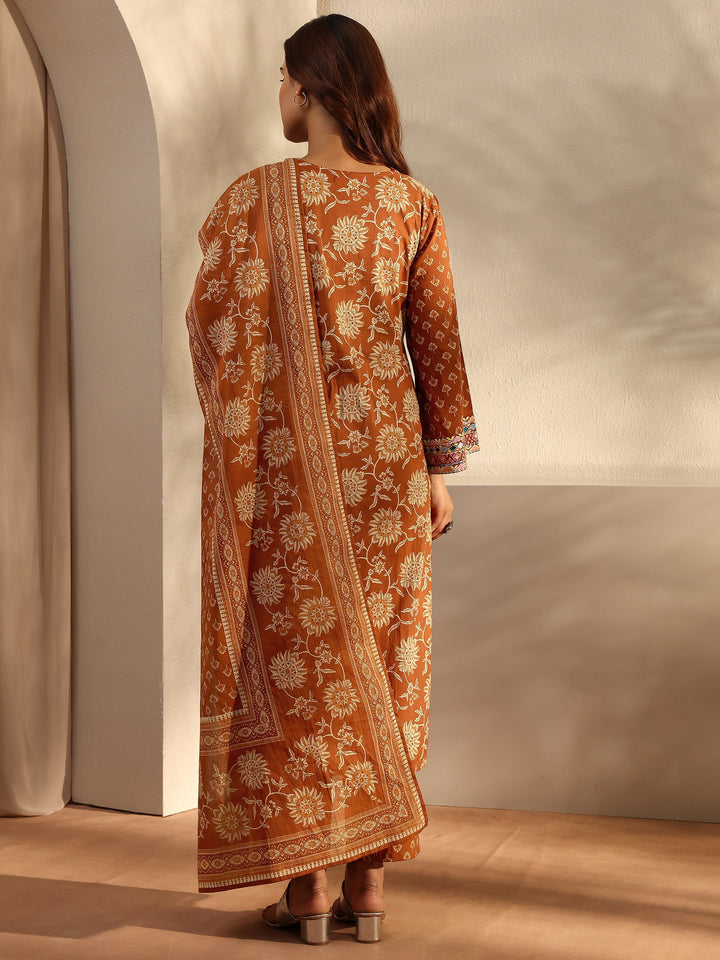 Rust Floral Printed Cotton Straight Suit Set With Dupatta