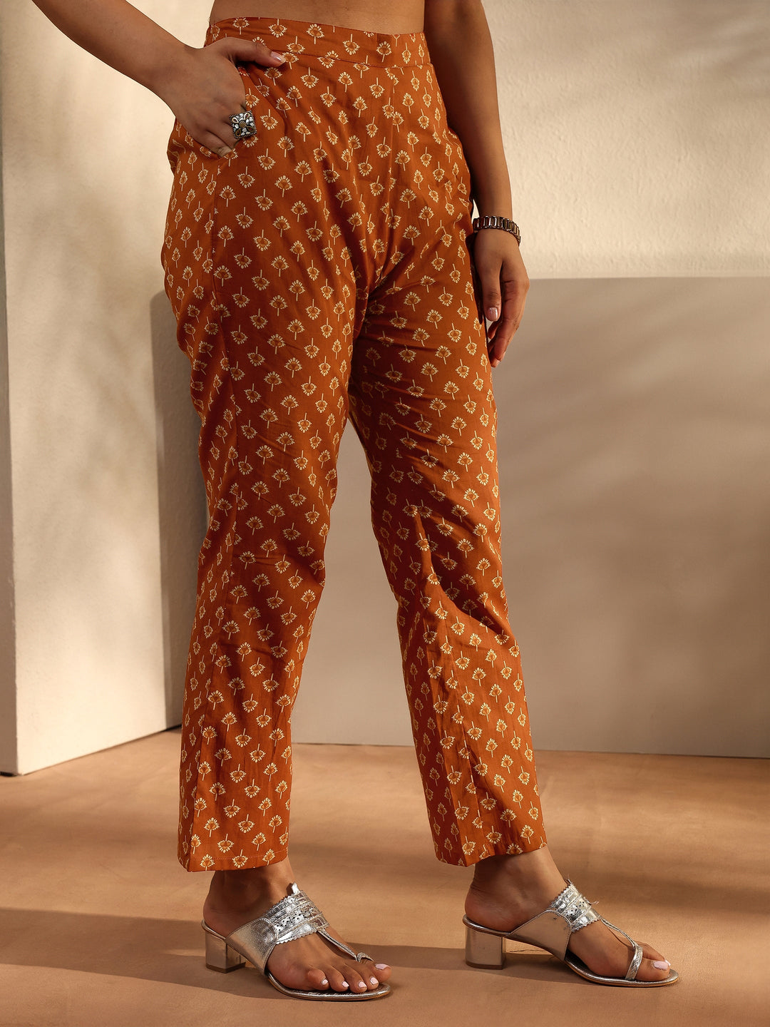 Rust Floral Printed Cotton Straight Suit Set With Dupatta