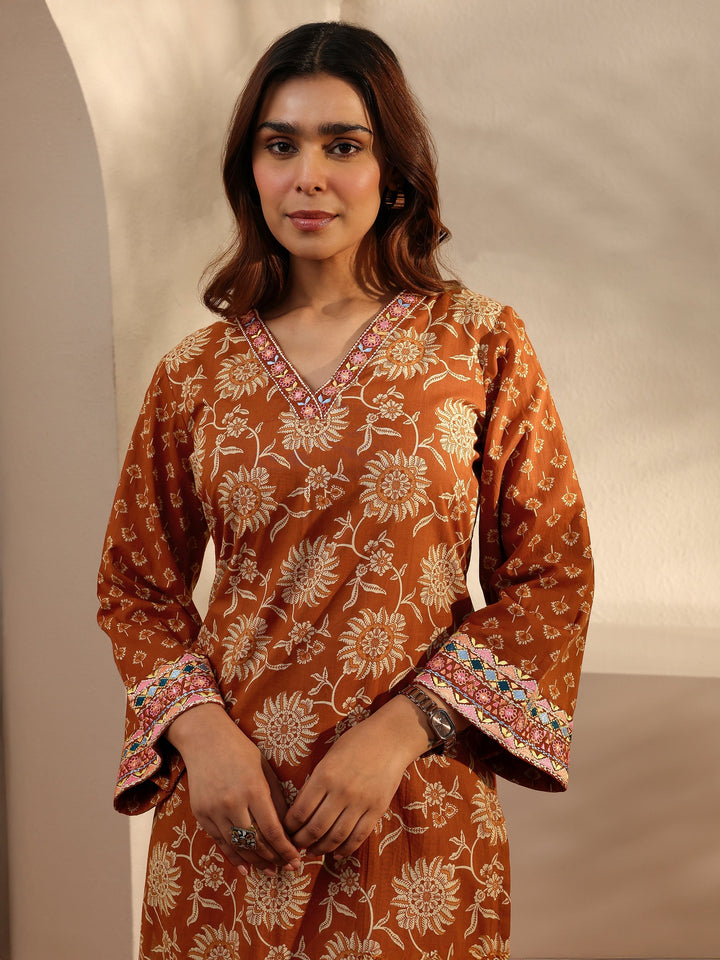 Rust Floral Printed Cotton Straight Suit Set With Dupatta