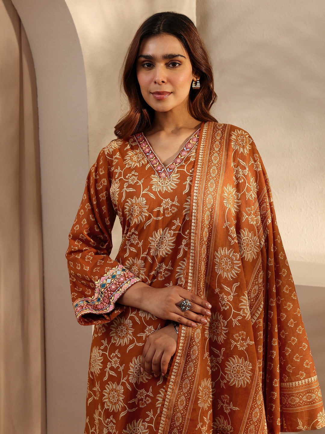 Rust Floral Printed Cotton Straight Suit Set With Dupatta