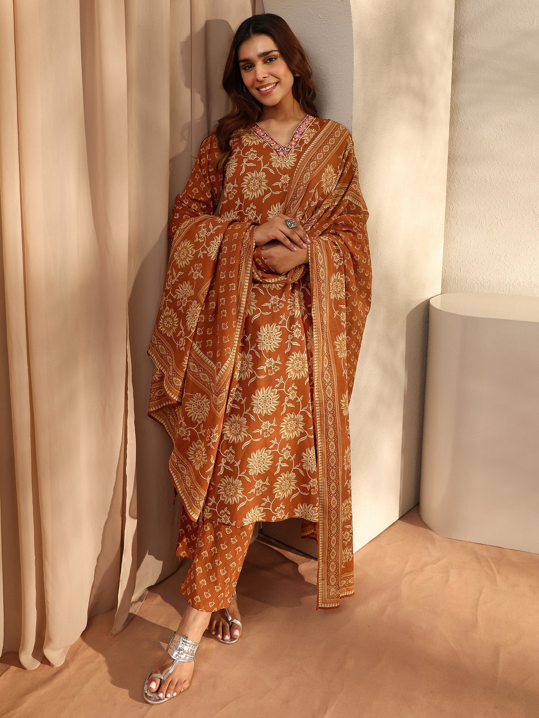 Rust Floral Printed Cotton Straight Suit Set With Dupatta