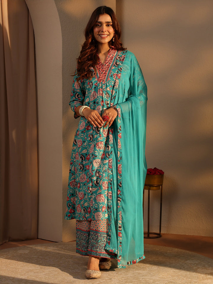 Blue Floral Printed Cotton A-Line Suit Set With Dupatta