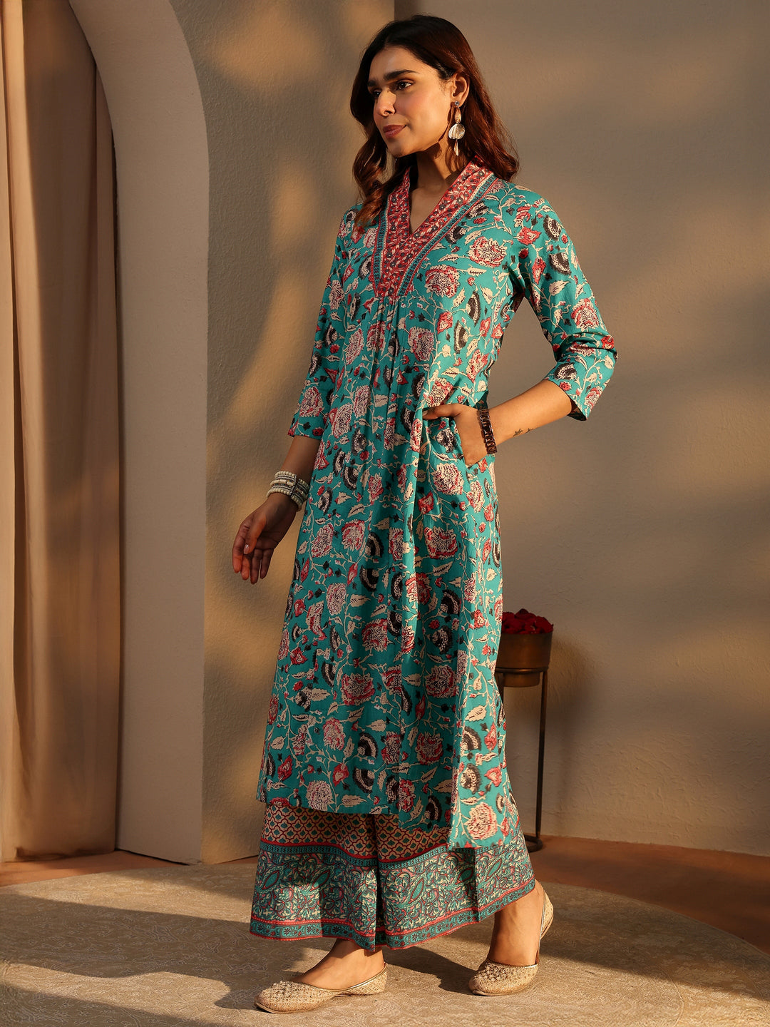 Blue Floral Printed Cotton A-Line Suit Set With Dupatta