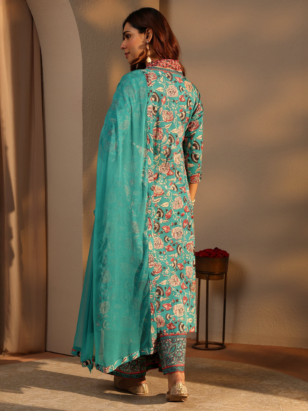 Blue Floral Printed Cotton A-Line Suit Set With Dupatta