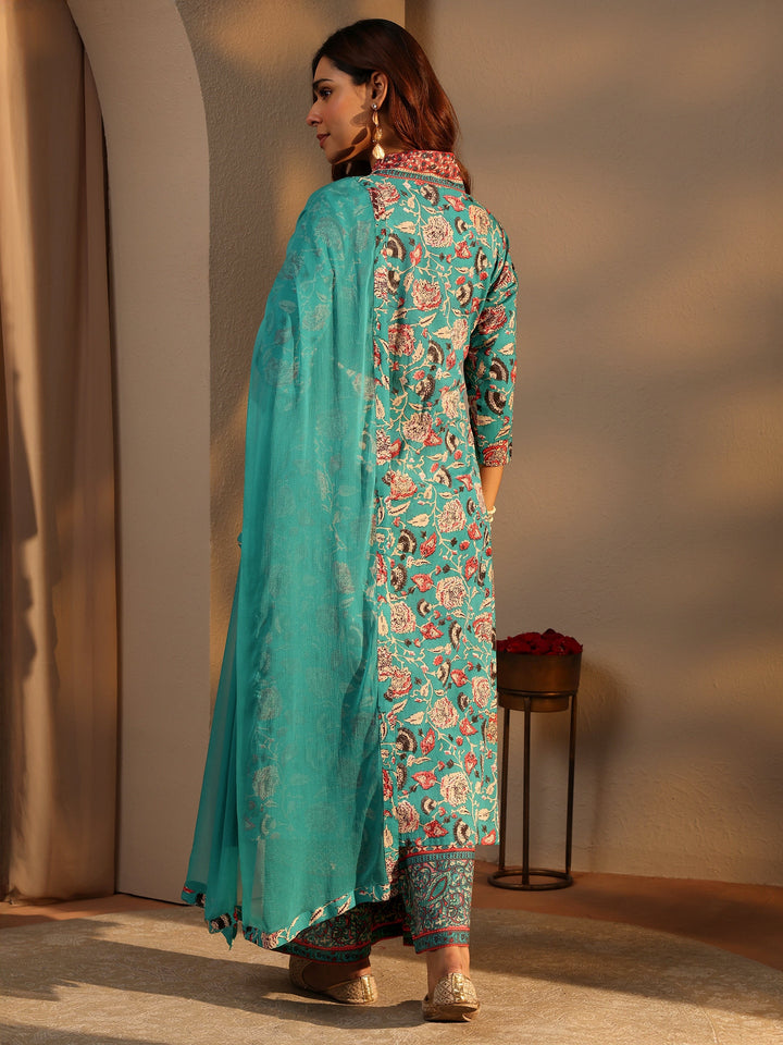 Blue Floral Printed Cotton A-Line Suit Set With Dupatta