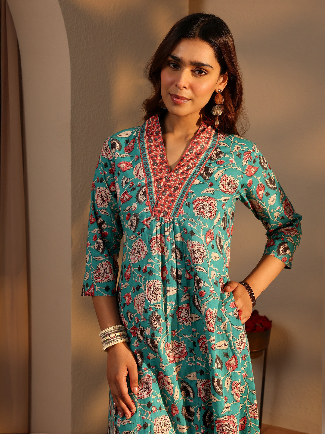 Blue Floral Printed Cotton A-Line Suit Set With Dupatta