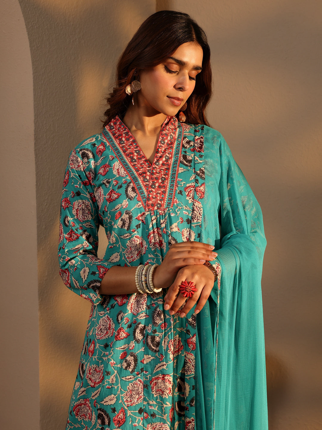 Blue Floral Printed Cotton A-Line Suit Set With Dupatta