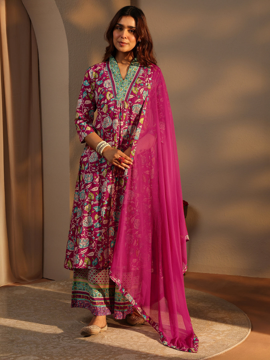 Pink Floral Printed Cotton A-Line Suit Set With Dupatta