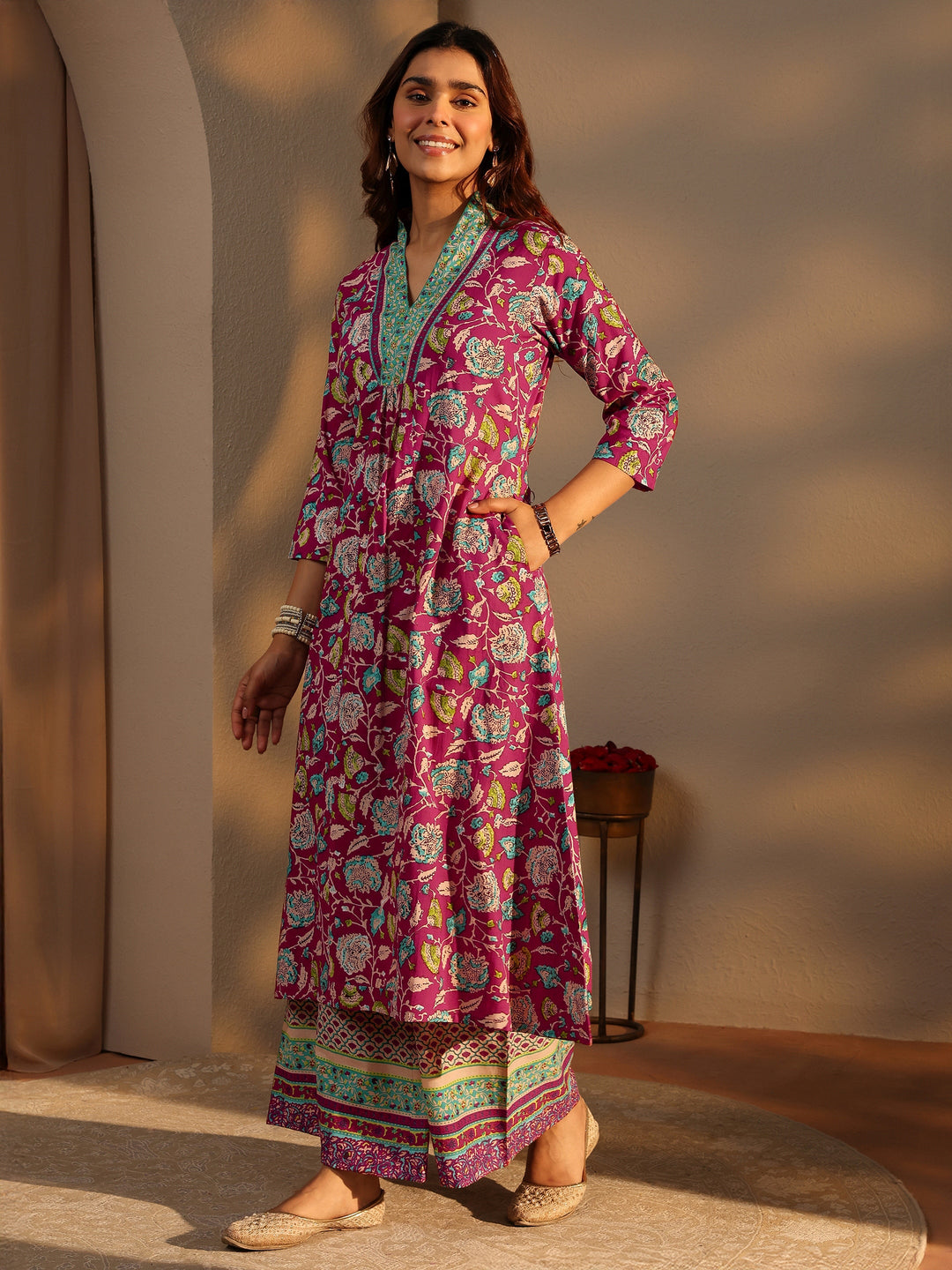 Pink Floral Printed Cotton A-Line Suit Set With Dupatta