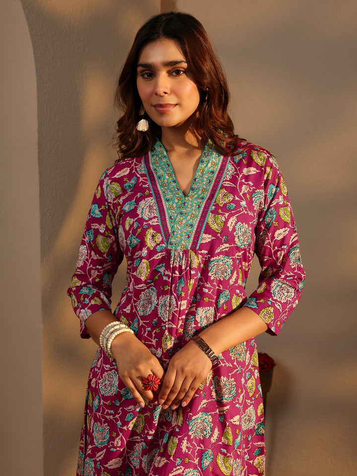 Pink Floral Printed Cotton A-Line Suit Set With Dupatta