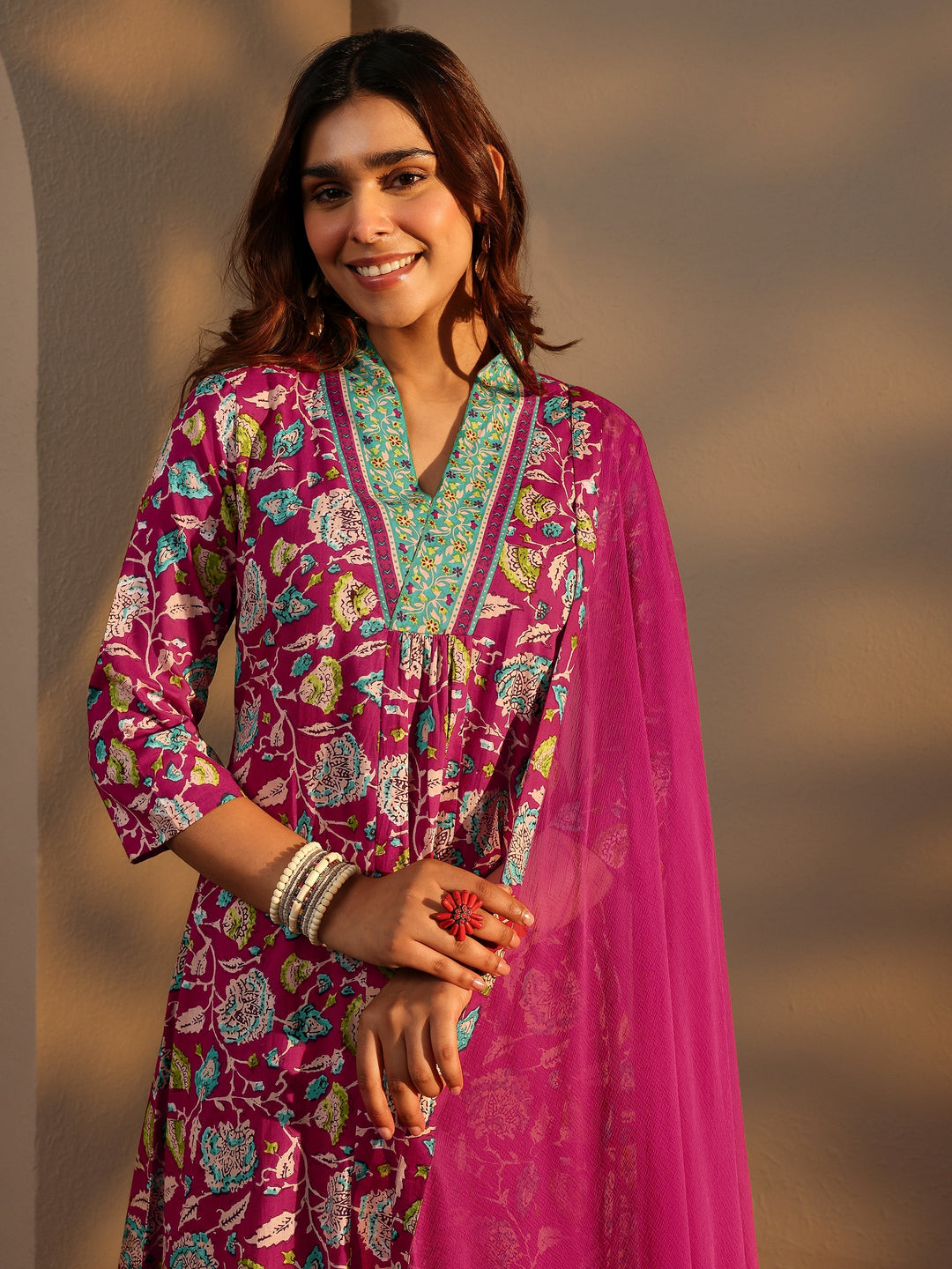 Pink Floral Printed Cotton A-Line Suit Set With Dupatta